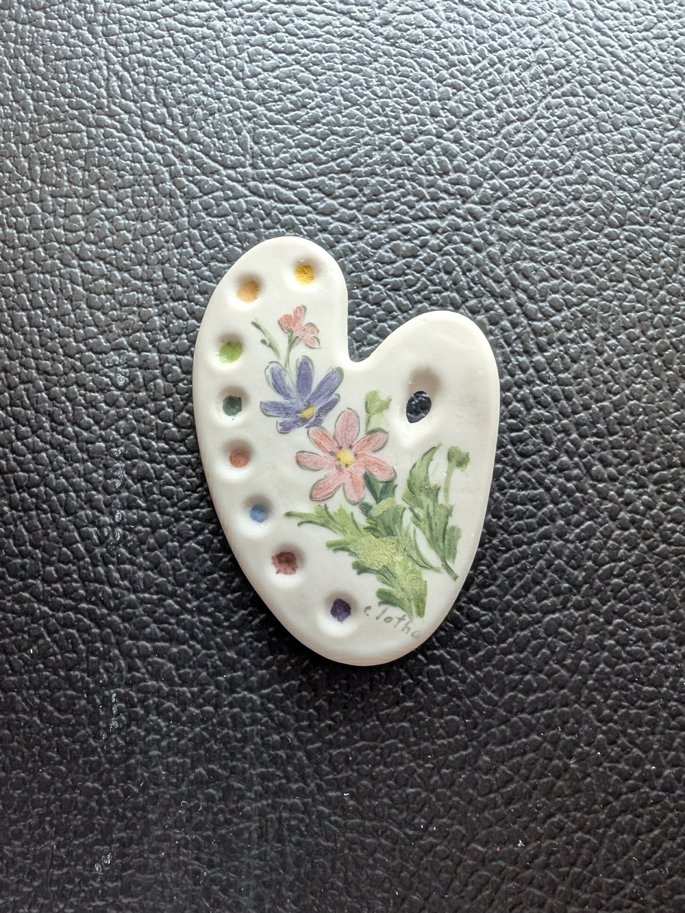 Hand Painted Signed By Artist Floral Ceramic Palette Brooch, Pink/Purple Flowers